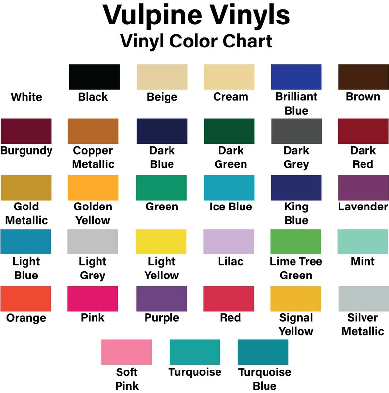 Chart showing all colors available, ranging from black and white to yellows, reds, oranges, pinks, purples, greens, silver metallic, and gold metallic.