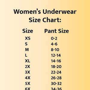 Women's size chart showing sizes XS through 7X. Not all sizes are available in all panty styles.