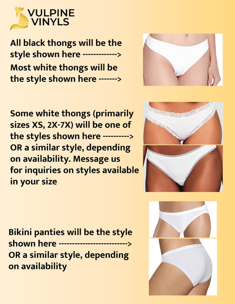 Description of the different types of underwear you may receive. The default and main style has no frills along the edge, other designs include an eyelet trim and a lace trim. Other designs are only used when the other is not available.