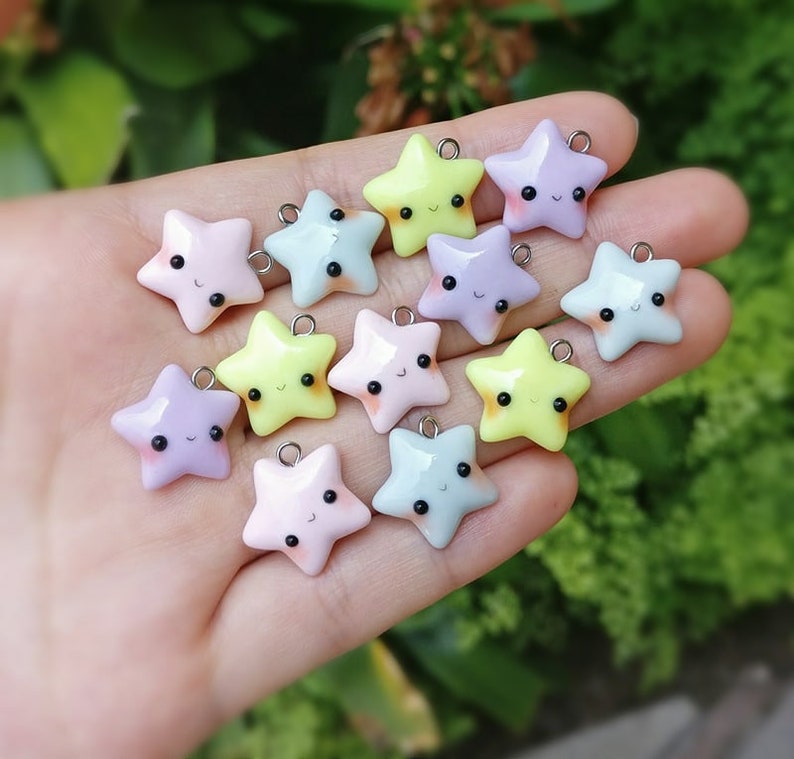 Kawaii Pastel Star Polymer Clay Charm Kawaii Star Blue Star Pink Star Yellow Star Purple Star Cell Phone Charms Planner Charm image 3