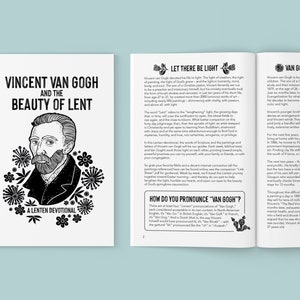 Könnte beinhalten: Eine Schwarzweißillustration von Vincent van Gogh, dem berühmten niederländischen Maler, mit Bart und Schnurrbart. Die Illustration ist von stilisierten Blumen umgeben. Der Text "Vincent van Gogh und die Schönheit der Fastenzeit" befindet sich oben im Bild. Der Text "Ein Fastenzeit-Andachtsbuch" befindet sich unten im Bild.