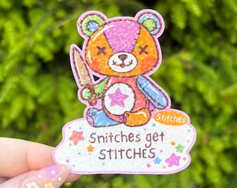 Snitches Get Stitches Sticker - Holographic Rainbow Waterproof Sticker for Water Bottle/Stanley, Car, Laptop, Phone, Game Console