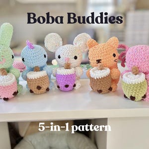 Boba Buddies! 5-in-1 モジュラー編みぐるみかぎ針編みパターン デジタルダウンロード - 猫、ウサギ、恐竜、ネズミ、アホロートルの編み図