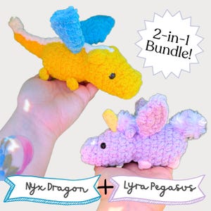May include: A 2-in-1 crochet bundle featuring a yellow dragon named Nyx and a purple pegasus named Lyra. The dragon has blue wings and the pegasus has a white horn.