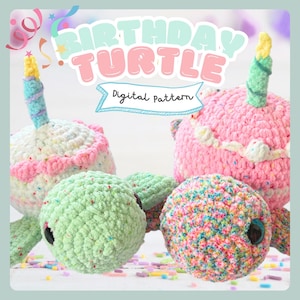 May include: A crocheted birthday turtle design with the text "BIRTHDAY TURTLE" and "Digital Pattern". The turtles are in the shape of a cake with a candle on top. The turtles are in shades of pink, white, and green.