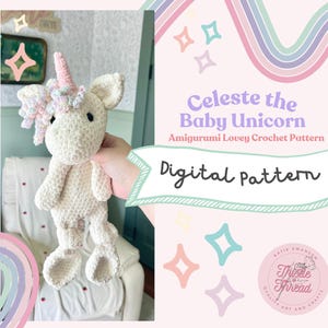Può includere: Uno schema all'uncinetto per un bambino unicorno amigurumi bianco con un corno e una criniera rosa. Lo schema si chiama "Celeste the Baby Unicorn" ed è un download digitale. Lo schema è disponibile su Etsy.
