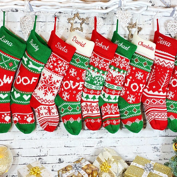 Personalized Knitted Family Christmas Stockings, Embroidered Holiday Gifts, New Family Gift, First Christmas Gift, Dog Cat Stockings