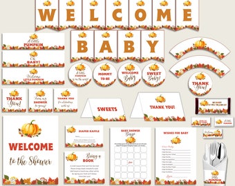 Orange Brown Baby Shower Decorations Gender Neutral Kit, Fall Baby Shower Party Package Printable, Instant Download, Fall Leaves BPK3D