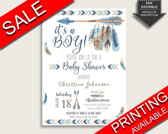Tribal Arrows Baby Shower Invitations Printable, Digital Or Printed Invitation Baby Shower Boy, Editable Invitation Blue Beige Boho QAQ18 Il_570xn