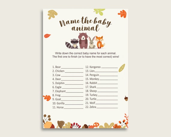 Woodland Name The Baby Animals Game Printable, Brown Beige Baby Shower Animal Game, Gender Neutral Baby Shower, Instant Download, w0001 Il_570xn