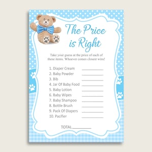 Blue Brown The Price Is Right Game, Teddy Bear Baby Shower Boy Activity, Guess The Price Game Printable, Instant Download, Mr Bear tb001