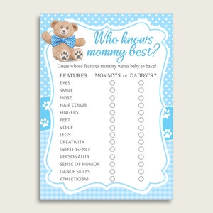 Blu Marrone Chi conosce la mamma Il miglior gioco, Indovina le caratteristiche, Teddy Bear Baby Shower Boy, Quanto sai che saranno i genitori, Istantaneo tb001