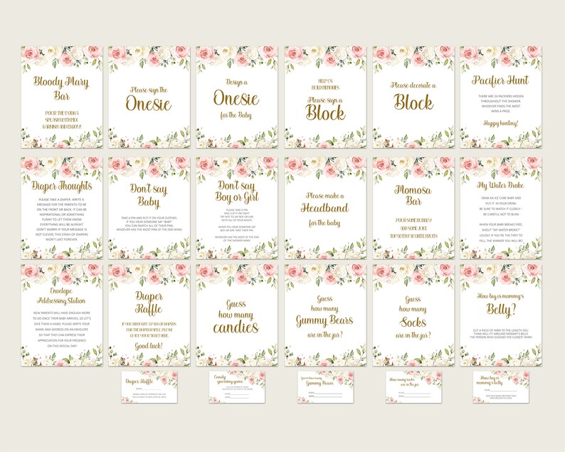 Floral Baby Shower Games, Pink White Floral Baby Shower Games Printable