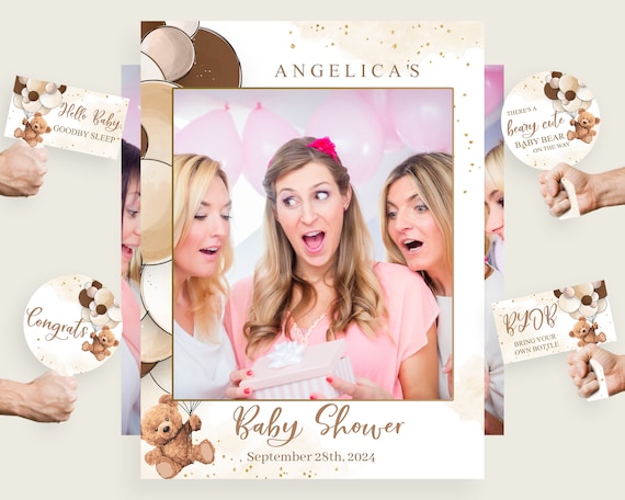Teddy Bear Baby Shower Selfie Frame Printed, Gender Neutral Baby Shower Photo Booth Frame, Photo Prop Waterproof, bsh01 Il_570xn
