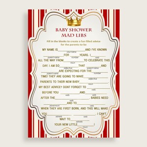 Mad Libs Baby Shower Mad Libs Prince Baby Shower Mad Libs Red Gold Baby Shower Prince Mad Libs digital download instant download 92EDX