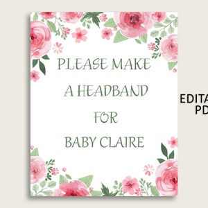 Watercolor Flowers Baby Shower Headband Sign, Pink Green Headband Station Sign Editable, Girl Shower Headband For Baby, Instant flp01
