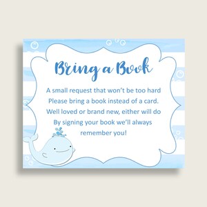 Baleine bébé douche apporter un livre Insert imprimable, garçon bleu blanc demande de livre, baleine livres pour bébé, livre au lieu de carte, bleu clair wbl01