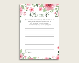 Watercolor Flowers Who Am I Game Printable, Girl Baby Shower Memory With Mommy, Pink Green Baby Shower Activity, Instant Download, flp01