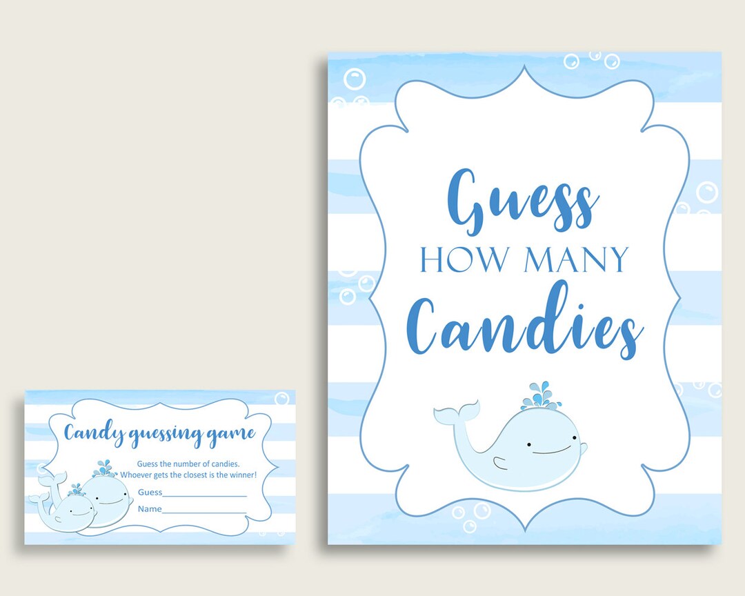 Blue White Candy Guessing Game, Whale Baby Shower Boy Sign and Cards ...