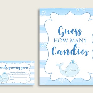 Blue White Candy Guessing Game, Whale Baby Shower Boy Sign And Cards, Guess How Many Candies, Candy Jar Game, Jelly Beans, Instant wbl01