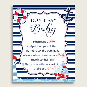 Blue Red Don&#39;t Say Baby Printable Game, Boy Baby Shower Nautical Game Sign, Instant Download, 8x10, Lifesaver Boat Sailboat Anchor DHTQT
