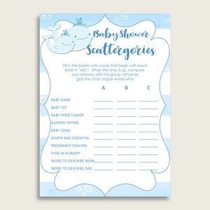 Scattergories Baby Shower Tema balena, Blu Bianco Scattergories Gioco stampabile, Ragazzo Baby Shower Attività divertente, Strisce acquerello wbl01