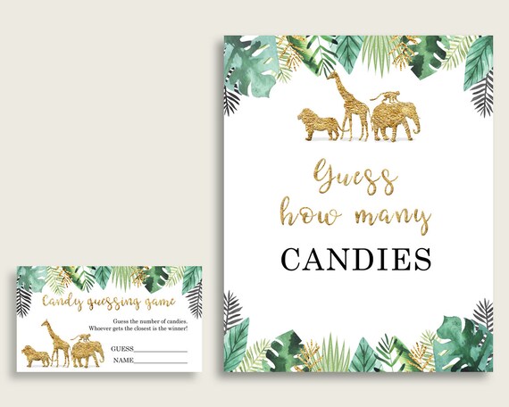 Gold Green Candy Guessing Game, Jungle Baby Shower Gender Neutral Sign And Cards, Guess How Many Candies, Candy Jar Game, Jelly Beans EJRED Il_570xn