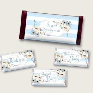 Stripes Hershey Candy Bar Wrapper Printable, Blue White Chocolate Bar Wrappers, Boy Shower Candy Labels, Instant Download, Flowers bs002