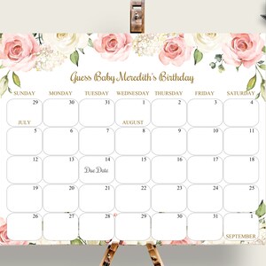 Floral Due Date Calendar Editable, Girl Baby Shower Calendar Printable, Guess Baby Birthday, Instant Download cp001