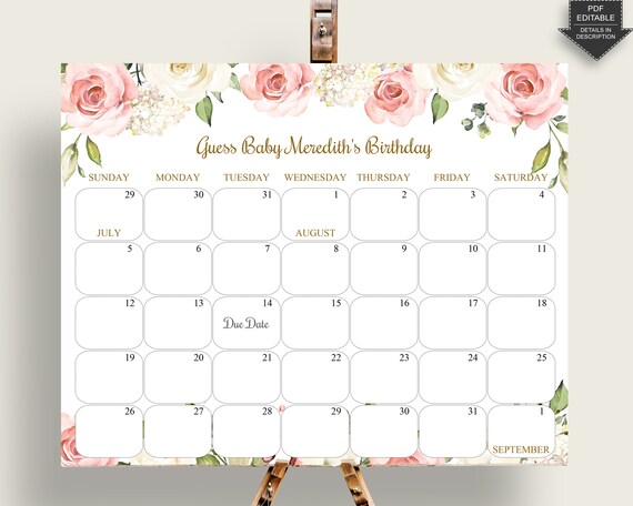 Floral Due Date Calendar Editable, Girl Baby Shower Calendar Printable, Guess Baby Birthday, Instant Download Cp001 - Etsy