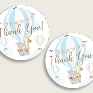 Hete lucht ballon baby shower ronde dank u tags 2 inch afdrukbare, blauw witte gunst cadeau tags, jongen douche hang tags etiketten, digitale CSXIS