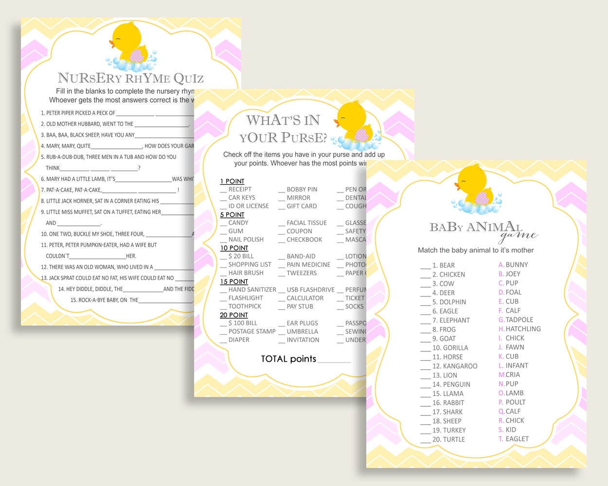 Rubber Ducky Baby Shower Games Printable Pack, Yellow Pink Baby Shower