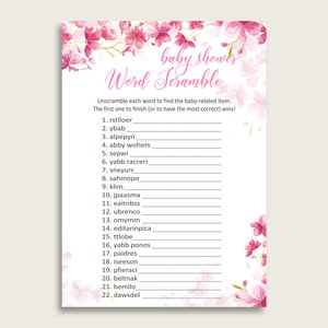 Girl Baby Shower Word Scramble Game Printable, Cute Cherry Blossom Pink White Word Scramble, Funny Activity, Instant Download, 5MQ8W
