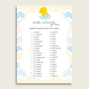 Rubber Duck Name The Baby Animals Game Printable, Yellow Blue Baby Shower Animal Game, Boy Baby Shower, Instant Download, Baby Duck, rd002