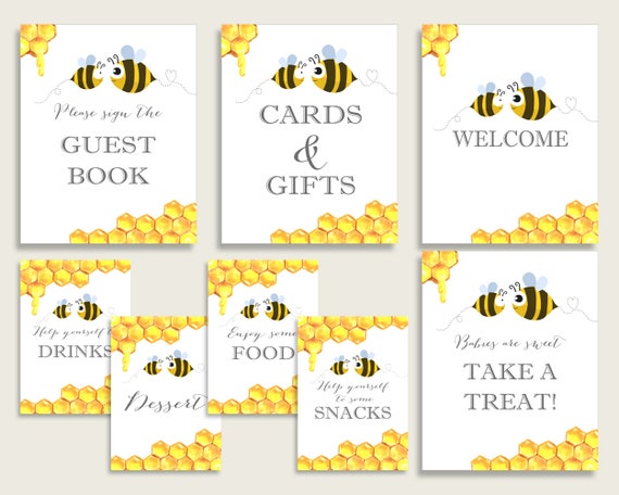 Bee Baby Shower Gender Neutral Table Signs Printable Yellow White