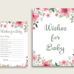Roze groene wensen voor babykaarten & teken, aquarel bloemen baby shower meisje goed wensen spel afdrukbaar, Instant Download, Floral flp01