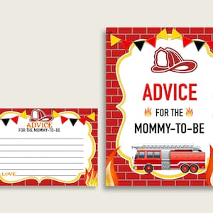 Carte e firma del camion dei pompieri Consigli per la futura mamma, Baby Shower stampabile Rosso Giallo Consigli per i nuovi genitori, Download istantaneo, Vigile del fuoco LUWX6