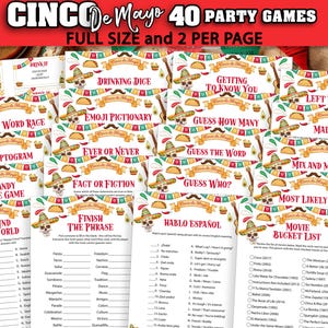 Pacote de jogos para Cinco de Mayo, jogos para festa mexicana para imprimir para adultos, família, escritório, amigos, sala de aula, download instantâneo