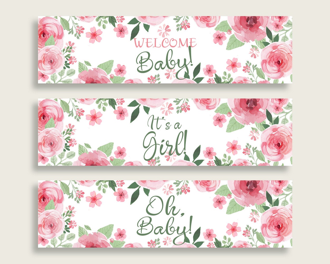 Pink Green Water Bottle Labels Printable, Watercolor Flowers Water Bottle Wraps, Watercolor Flowers Baby Shower Girl Bottle Wrappers flp01