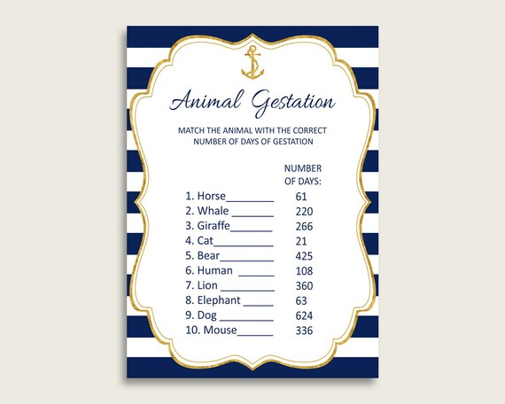 Anchor Animal Pregnancy Gestation Game, Blue Gold Baby Shower Boy Printable Activities, Instant Download, Gold Glitter Navy Gold Sale NTDD8 Il_570xn