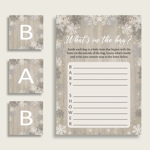 Snowflake Rustic Baby Shower What's In The Bag Game, White Beige Gender Neutral Bag Game Printable, Instant Download, Farmhouse Wood bsf01 image 3