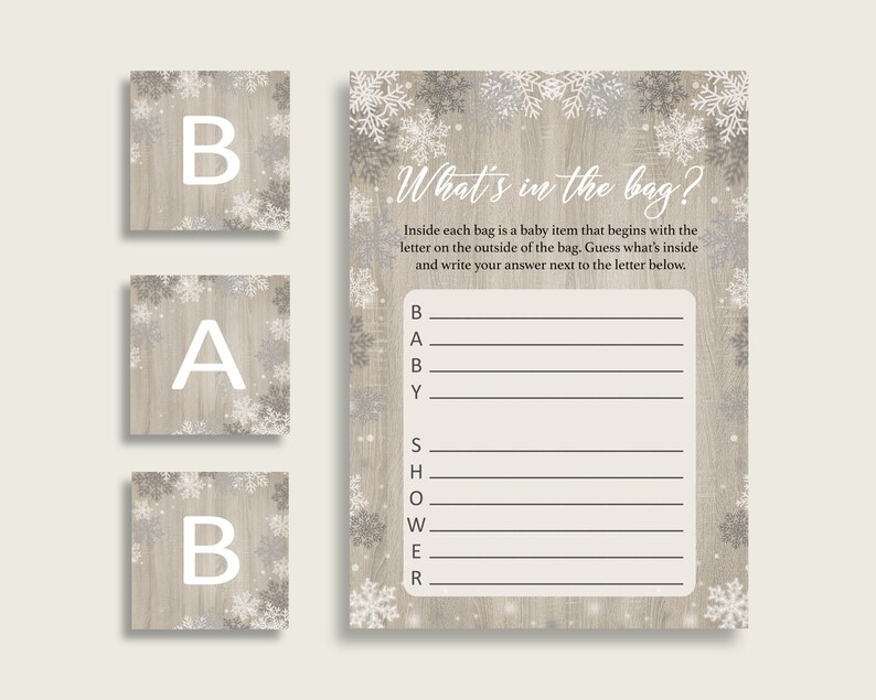 Snowflake Rustic Baby Shower What's In The Bag Game, White Beige Gender Neutral Bag Game Printable, Instant Download, Farmhouse Wood bsf01 image 3