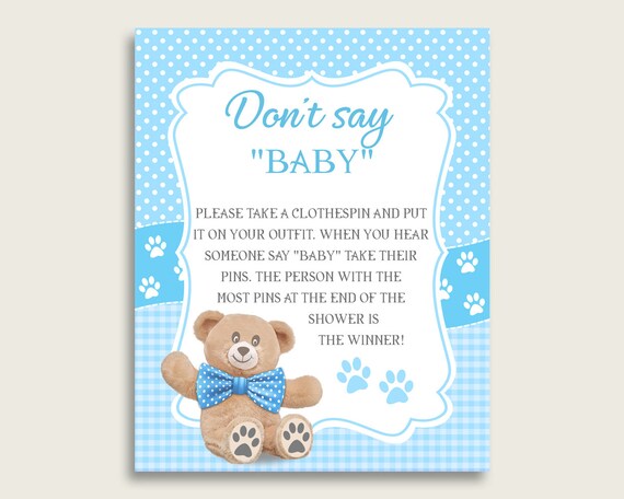 Blue Brown Don't Say Baby Printable Game, Boy Baby Shower Teddy Bear Game Sign, Instant Download, 8x10, Mr Bear Plush Stuffed tb001 Il_570xn