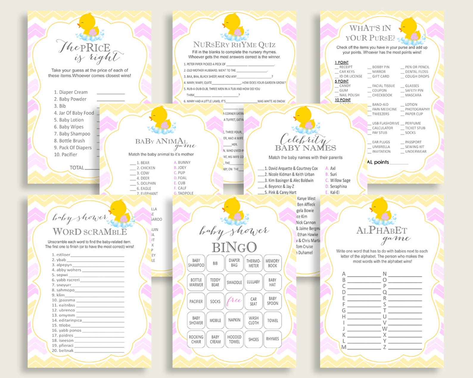 Rubber Ducky Baby Shower Games Printable Pack, Yellow Pink Baby Shower