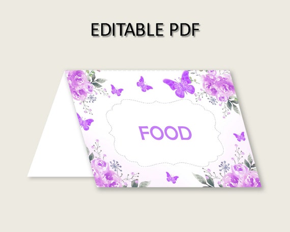 Butterfly Folded Food Tent Cards Printable, Purple White Editable Pdf Buffet Labels, Girl Baby Shower Food Place Cards, Instant 7AANK Il_570xn