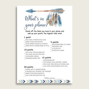 May include: A printable game card with a blue and brown arrow design. The card has a list of items to check off on your phone and points assigned to each item. The game is called "What's in your phone?"