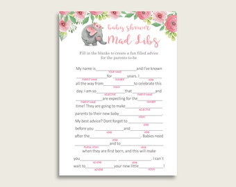 Pink Grey Mad Libs Baby Shower Girl Game Printable, Pink Elephant Mad Libs Fun Activity, DIY digital file, Trunk Tusks Snorky ep001