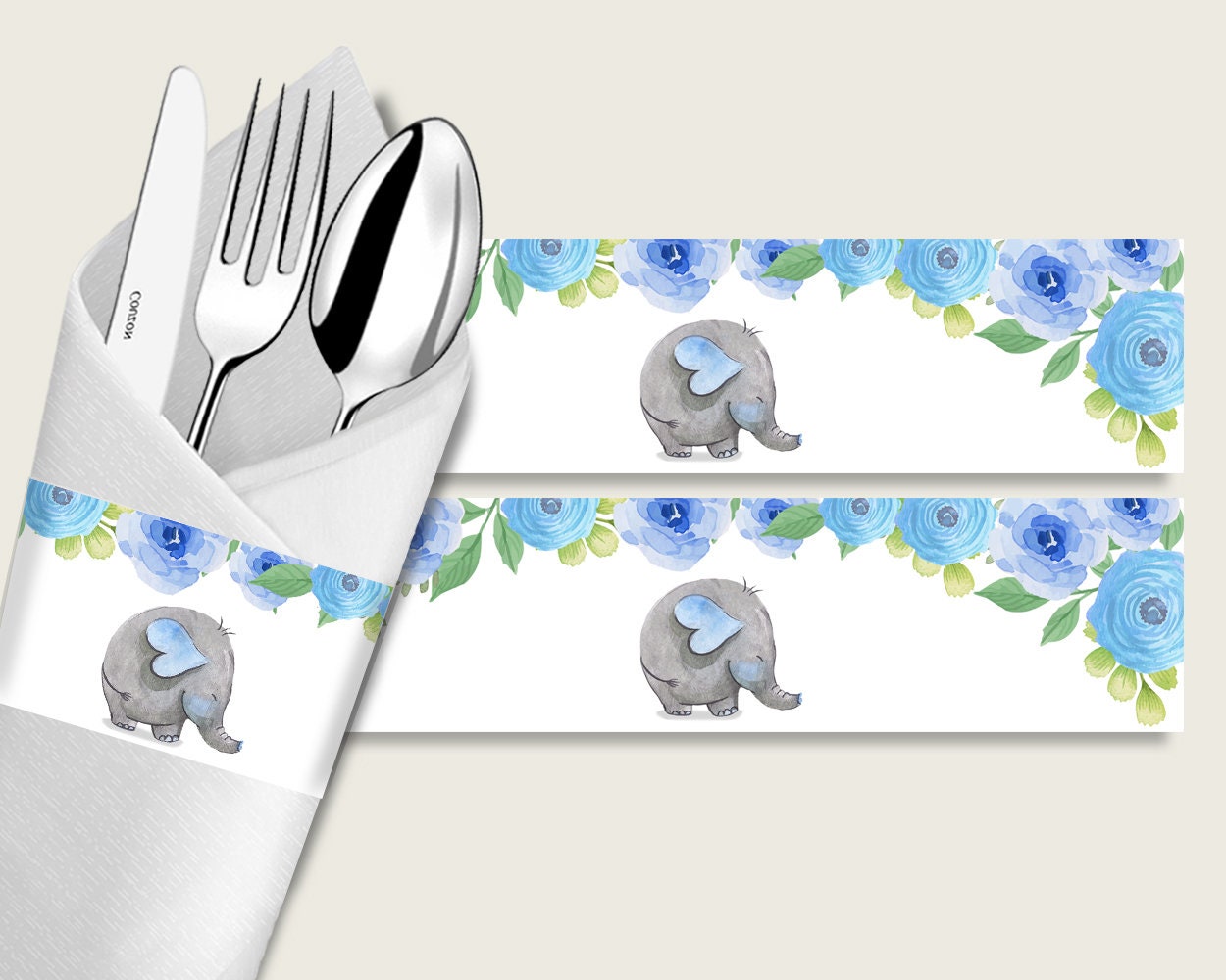 Elephant Blue Baby Shower Napkin Rings Printable Blue Gray Napkin Wrappers Boy Shower Utensils Wrap Instant Download Mammoth