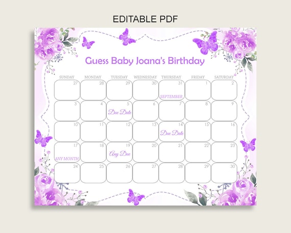 Purple White Guess Baby Due Date Calendar Game Printable, Butterfly ...
