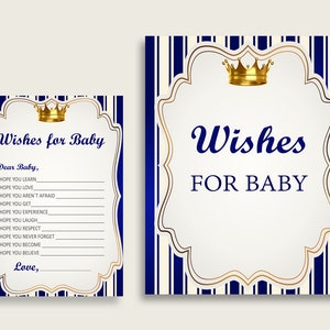 Blue Gold Wishes For Baby Cards & Sign, Royal Prince Baby Shower Boy Well Wishes Game para impressão, download instantâneo, Prince Theme Navy rp001